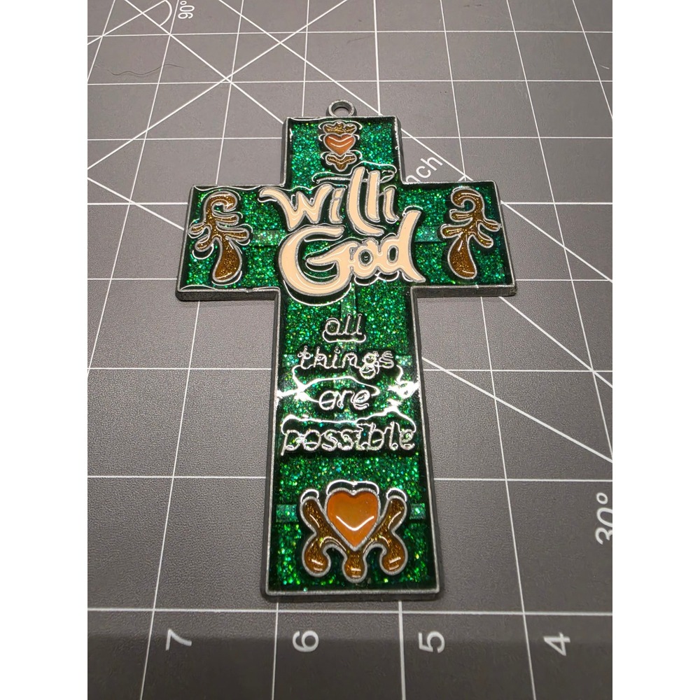 Green Glitter With God All Things Are Possible Metal Wall Cross Ornament 6.25in
